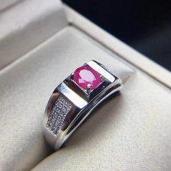 925 Sterling Silver Natural Ruby Flower Ring for Men