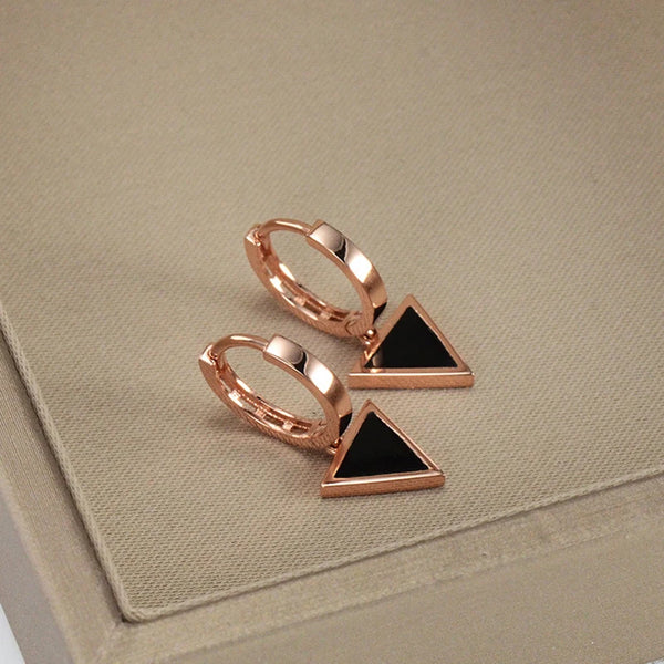 18K Rose Gold Black Agate Triangle Earrings for Women