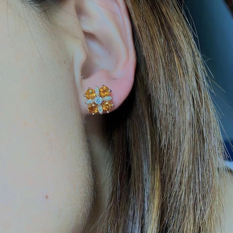 925 Silver Citrine Gemstone Flower Stud Earrings for Women