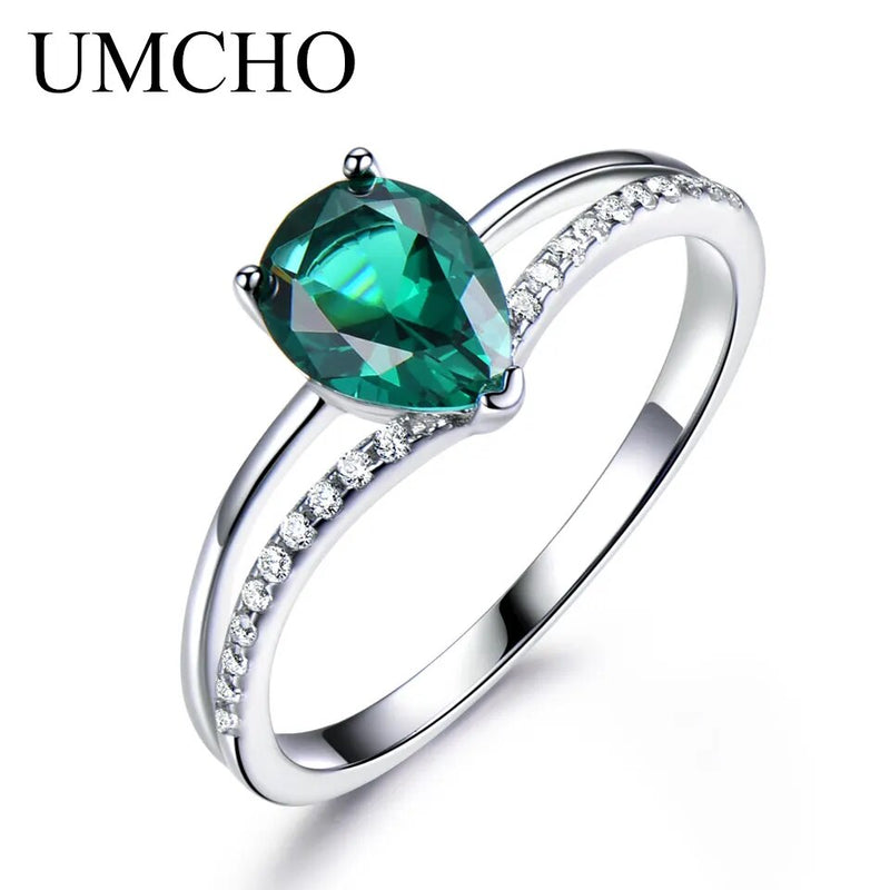 Sterling Silver Emerald Green Gemstone Water Drop Ring for Women