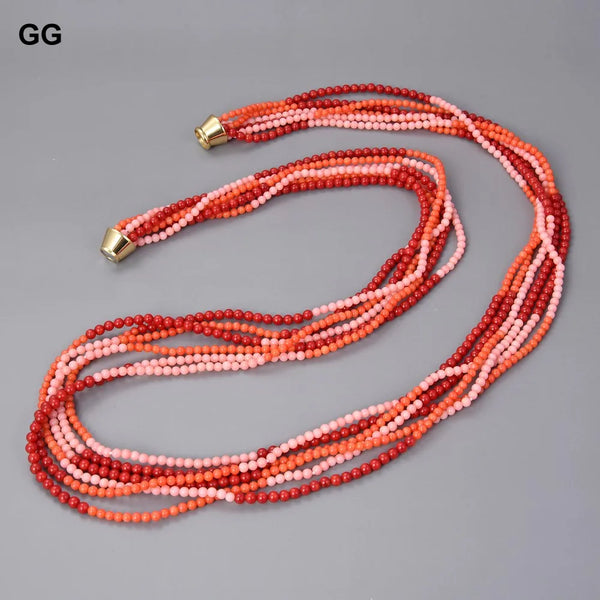 Gold 6 strands Multi Color Coral Long Necklace for Women