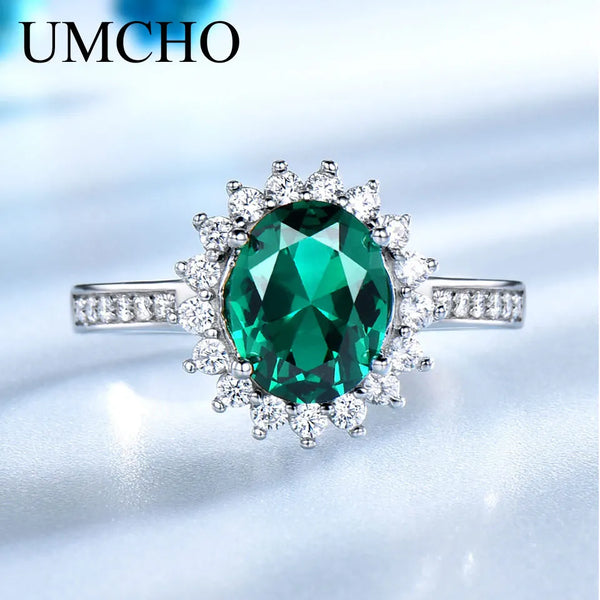 925 Sterling Silver Green Created Nano Emerald Ring for Women