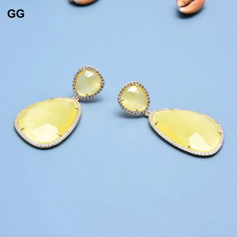 Gold-plated Natural Yellow Cat Eye Oval Shape CZ Pave Dangle Stud Earrings for Women