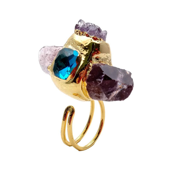 YYGEM Natural Purple Amethyst Point Druzy Rough Blue Crystal Ring Gold Plated Adjustable Gems Ring