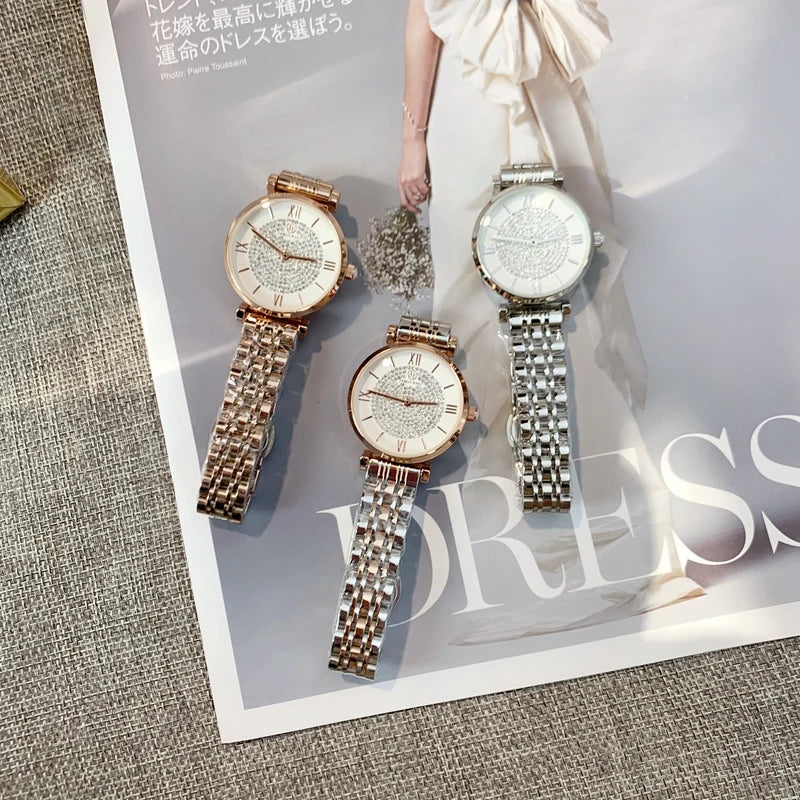 Women's Casual Wristwatch with Rhinestones & Quartz Movement