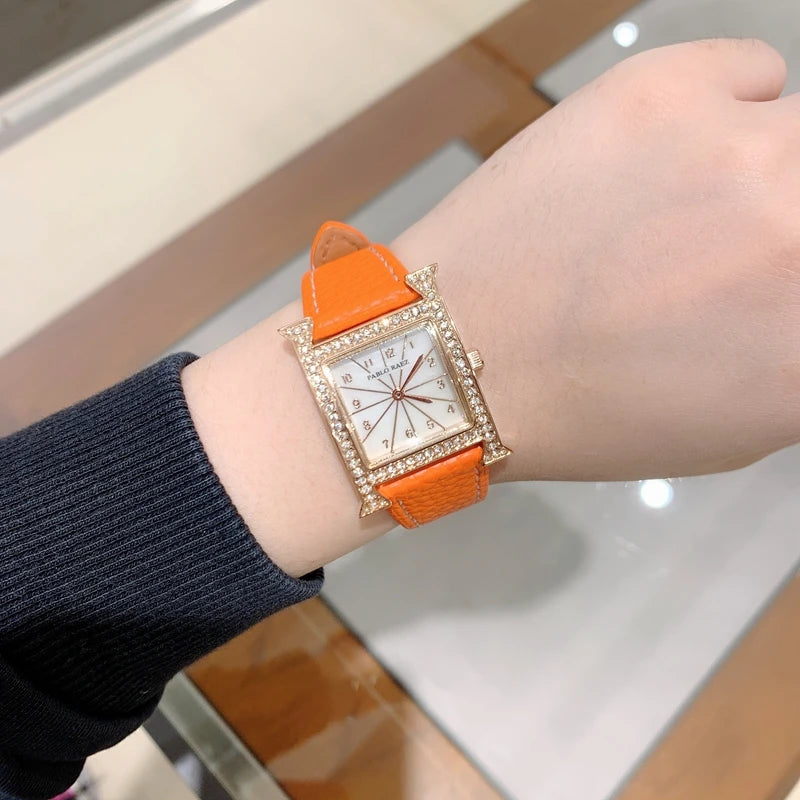 Luxury Diamond Women's Wristwatch with Leather Band and Orange Jewelry Details