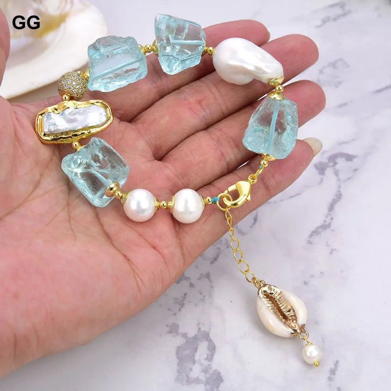 Gold Plated Cultured White Keshi Pearl Biwa Pearl Blue Glass Bracelet for Women