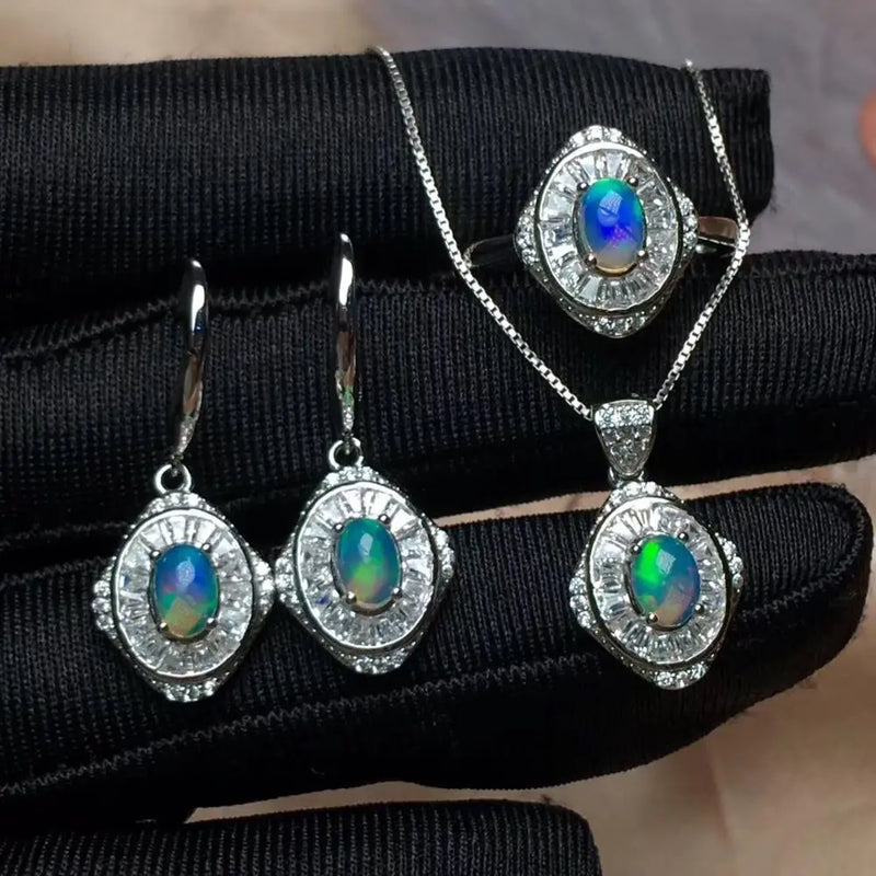 925 Sterling Silver Natural Opal Set Ring Necklace Earrings