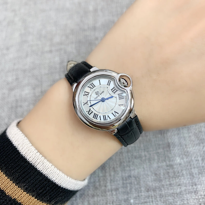 Luxury Watch for Women: Elegant Black Leather Casual Timepiece with Blue Balloon Design