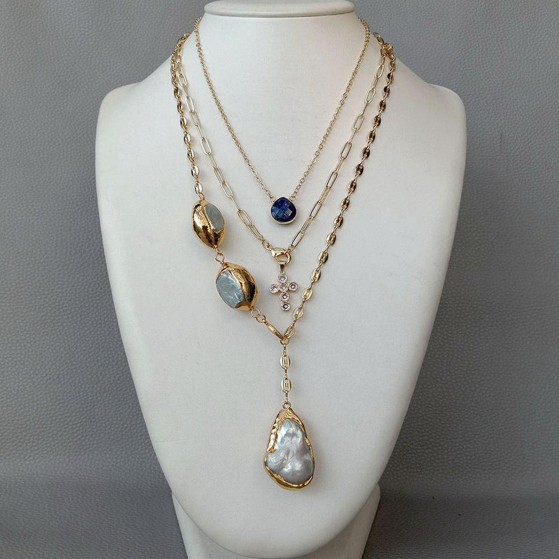 Sterling Silver Cultured White Keshi Pearl Lapis CZ Crucifix Drop Necklace for Women
