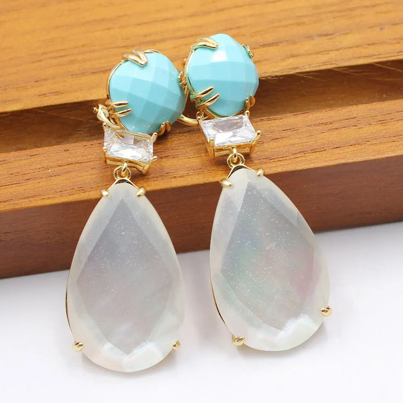 Silver Blue Crystal Clear Cubic Zirconia White Teardrop Shell Mother of Pearl Dangle Earrings for Women