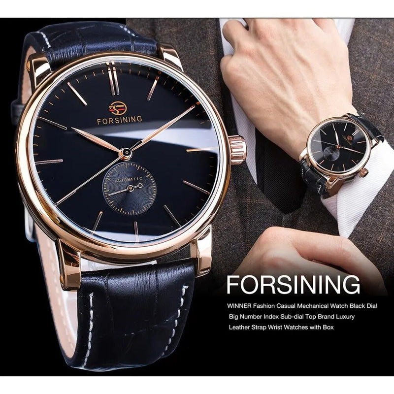 Stainless Steel Leather Band Automatic Watch with Sub Dials for Men