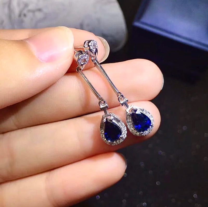 925 Sterling Silver Natural Sapphire Drop Earrings.