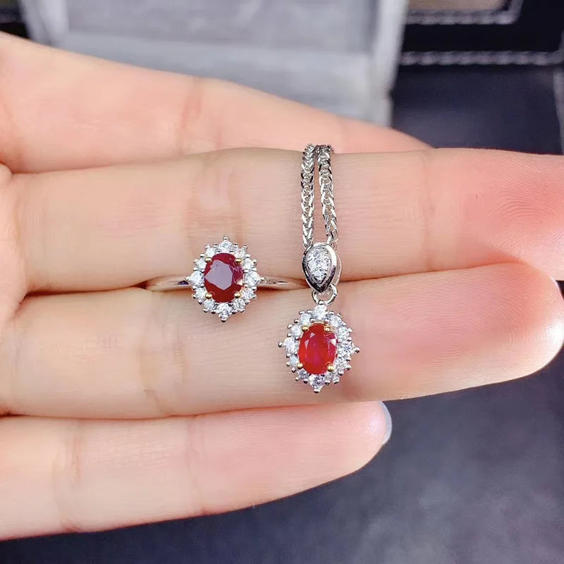 925 Sterling Silver Natural Ruby Pendant Necklace Set for Female