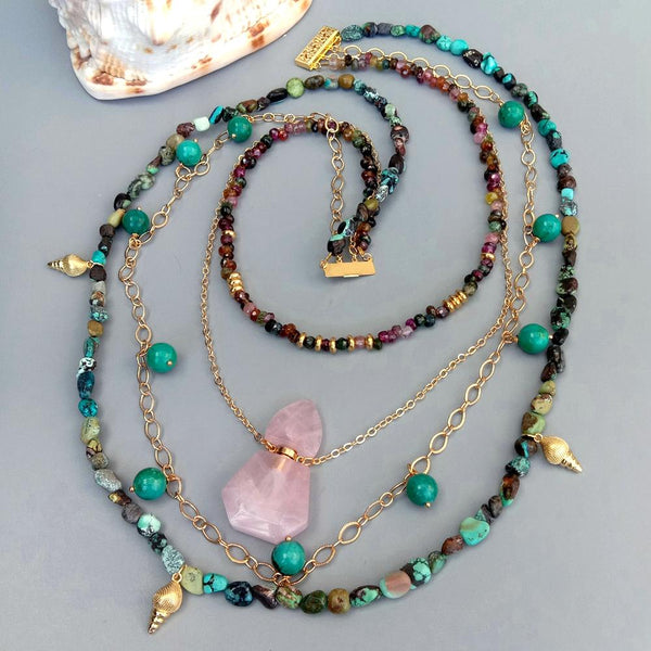 YYING Natural Tourmaline Turquoise statement Necklace Rose Quartz Bottle Pendant Multi Layers Jewelry