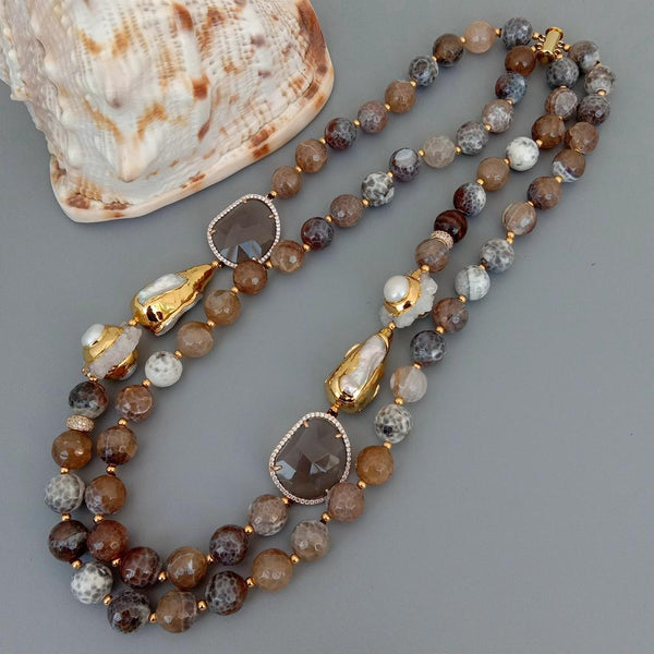 YYING 2 Strands 12mm Faceted Round Brown Fire Agates Crystal Pearl Quartz Druzy Choker Necklace 21\"