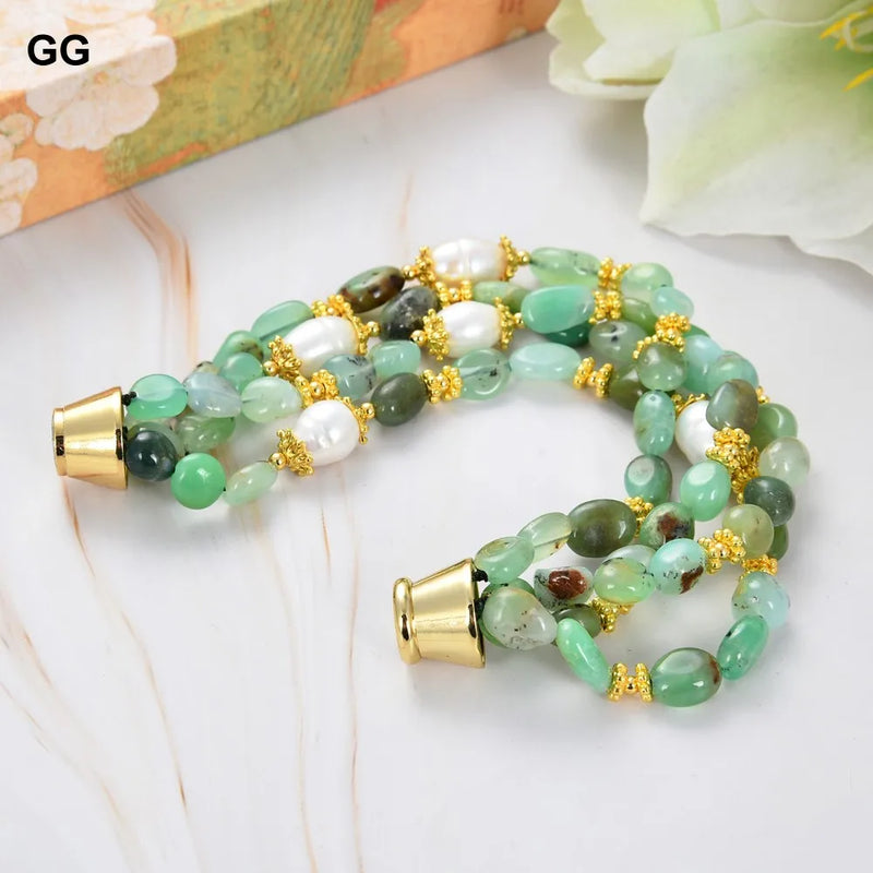 Gold-plated Chrysoprase Cultured Rice Pearl Bracelet 8.5'' for Women