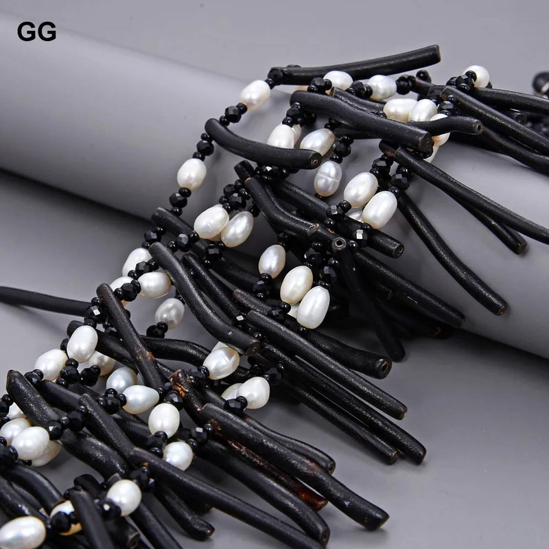 Sterling Silver 8 Strand White Rice Pearl Black Coral Crystal Necklace for Women