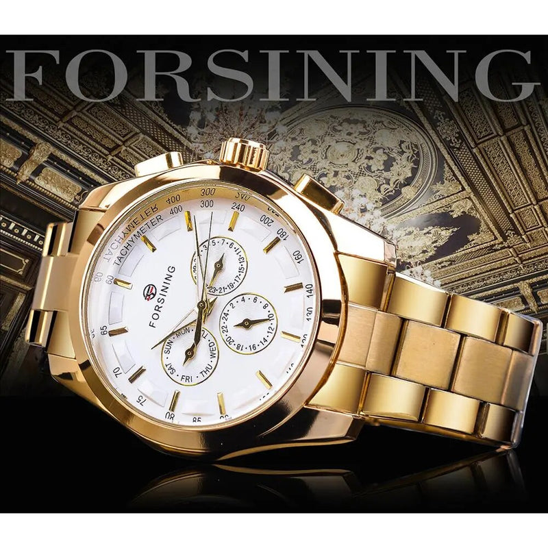 Stainless Steel, Golden, 3 Dial, Calendar, Automatic Watch for Men