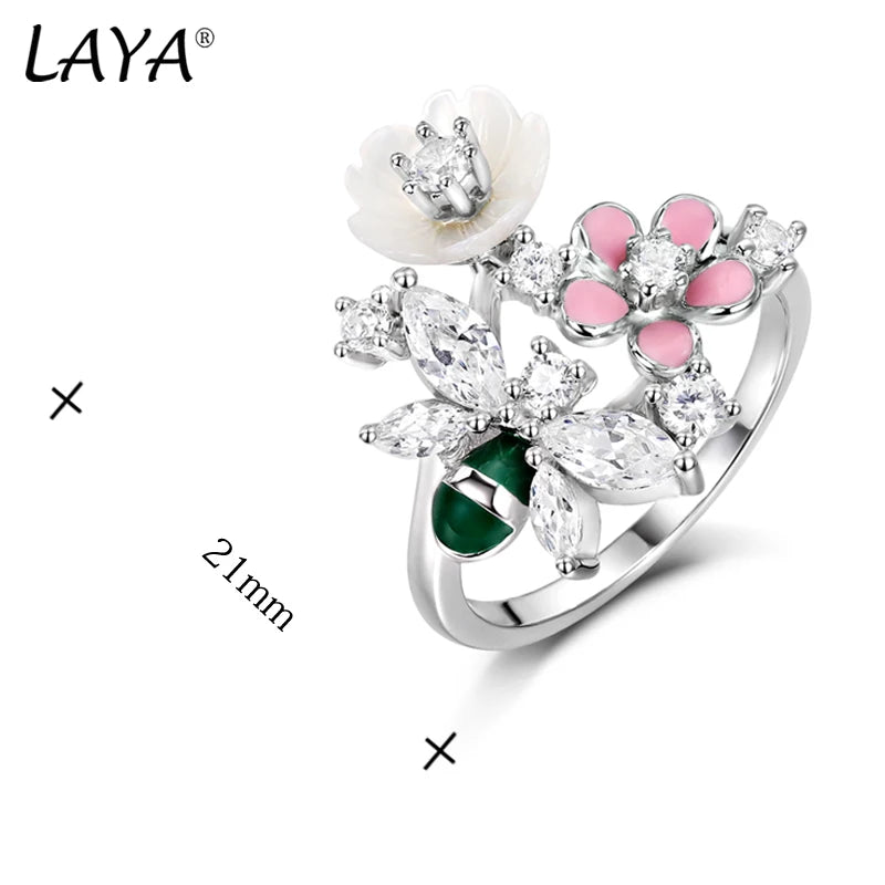 Sterling Silver Natural Shell and Zircon Butterfly Enamel Ring for Women