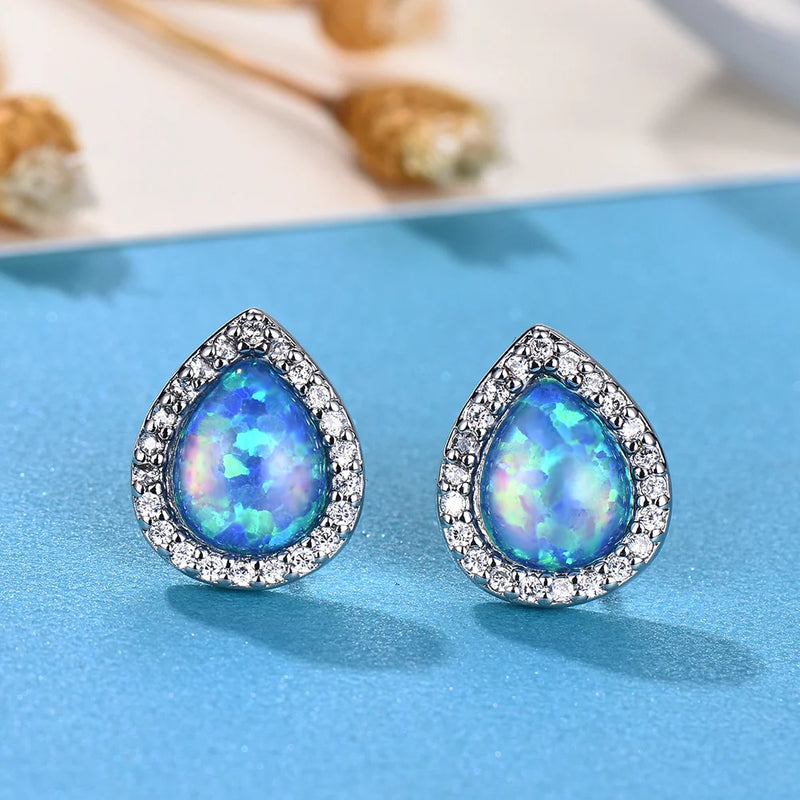 Sterling Silver Blue White Opal Stud Earrings for Women