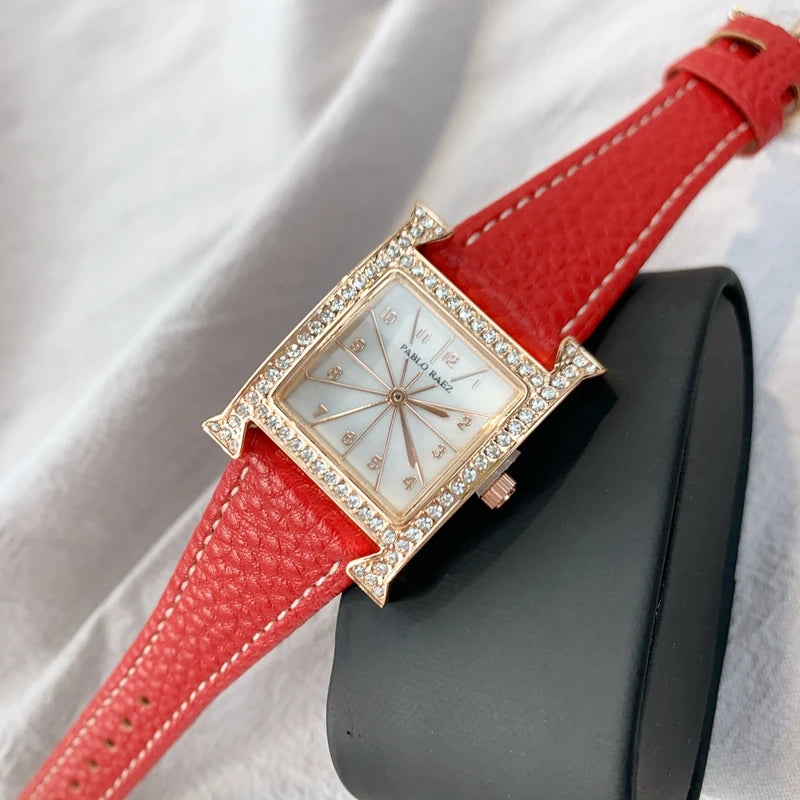 Luxury Diamond Women's Wristwatch with Leather Band and Orange Jewelry Details