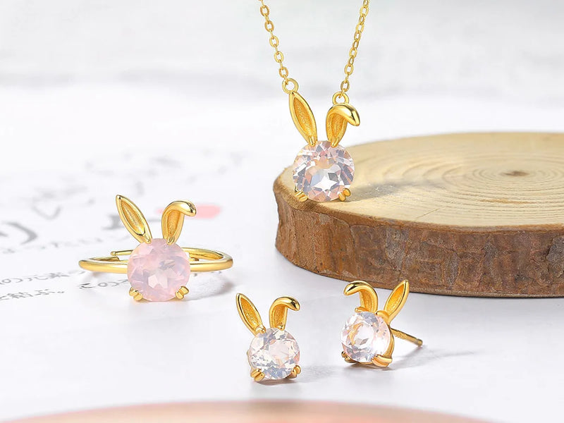 925 Silver Rose Quartz Pendant Necklace Set for Women