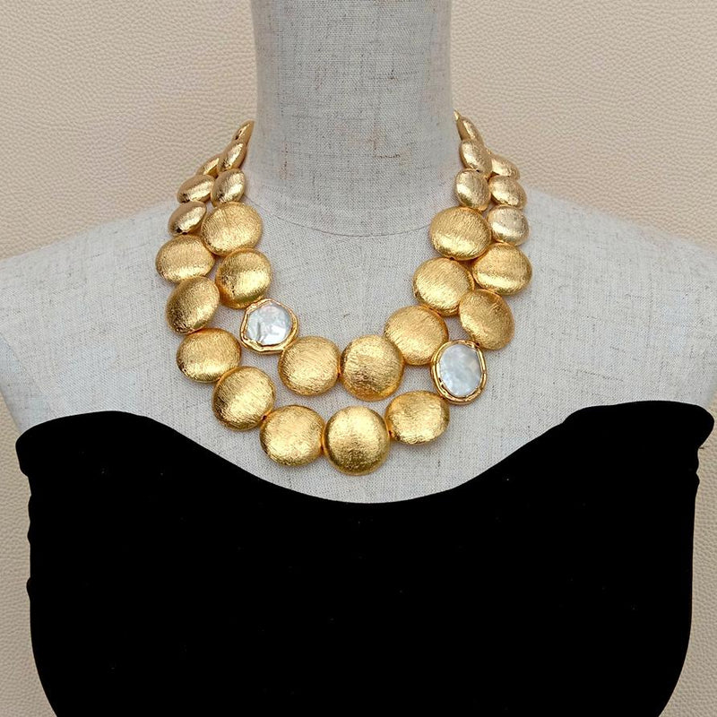 Gold Plated Cultured White Coin Pearl Necklace, 2 Rows, 18" for Women