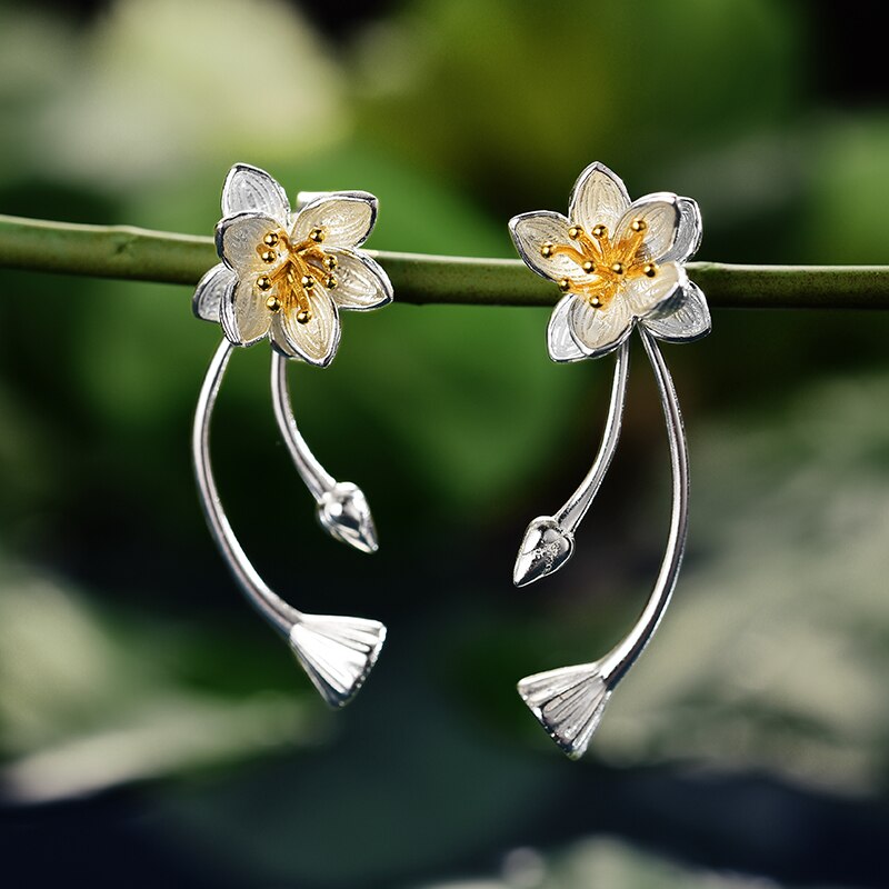 Sterling Silver Lotus Drop Earrings for Women