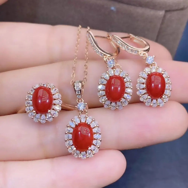 925 Sterling Silver Natural Red Coral Jewelry Set for Women