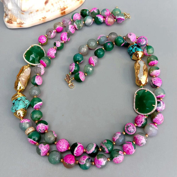 YYING 2 Rows fuchsia Green Faceted Agate  White Biwa Pearl Crystal Turquoise Necklace