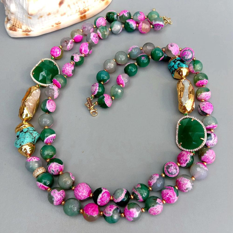 Sterling Silver Fuchsia Green Agate & White Pearl Crystal Turquoise Necklace for Women