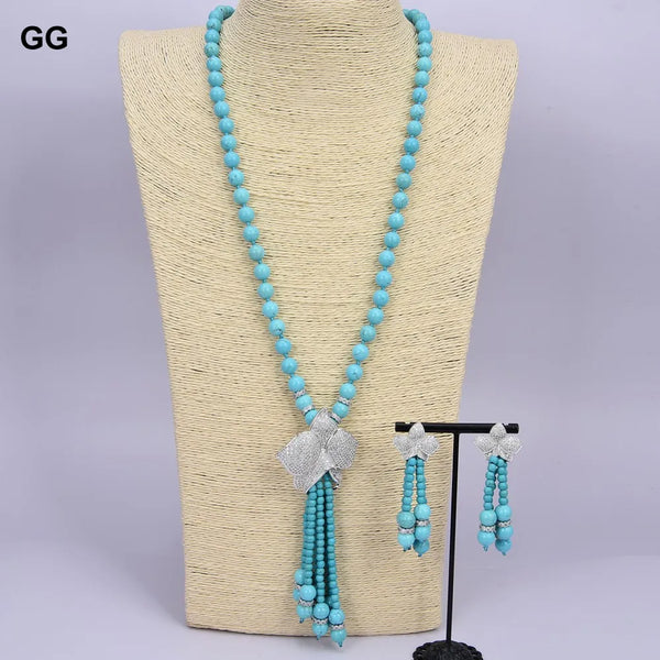 Sterling Silver Blue Turquoise Cubic Zirconia Flower Tassel Set For Women