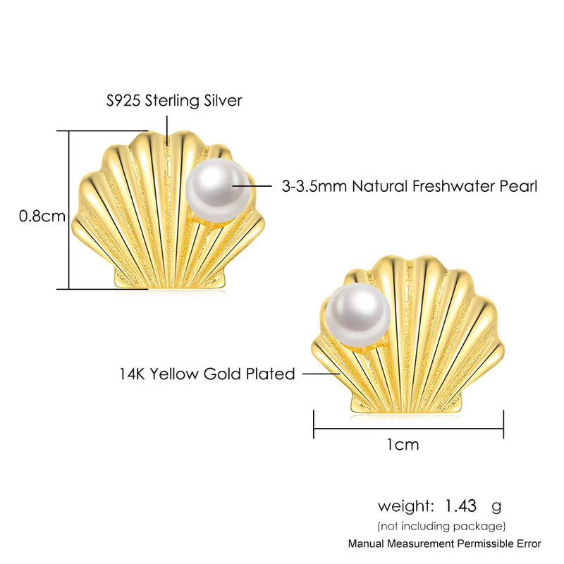 925 Silver 14K Gold Plated Freshwater Pearl Shell Stud Earrings for Women