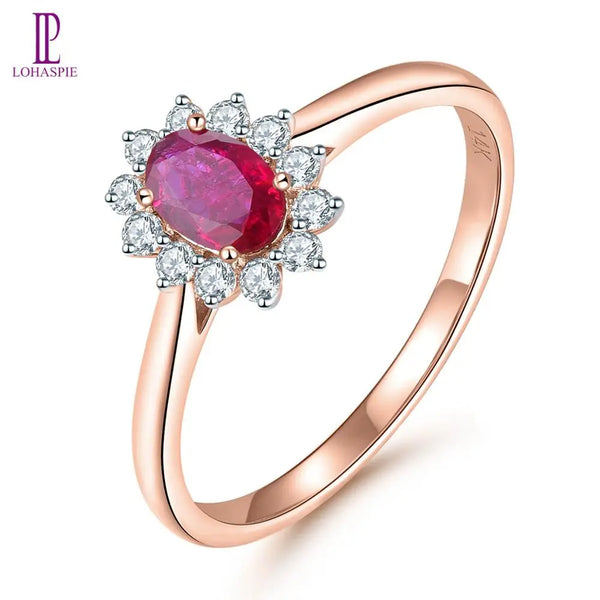 14K Rose Gold Red Ruby & Diamond Sunflower Ring for Women