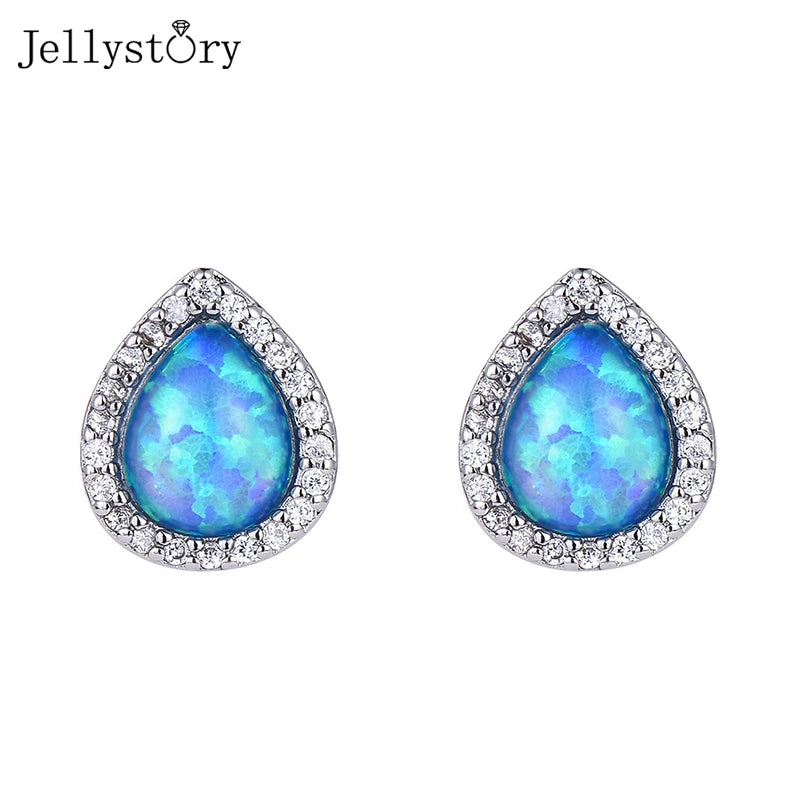 Sterling Silver Blue White Opal Stud Earrings for Women