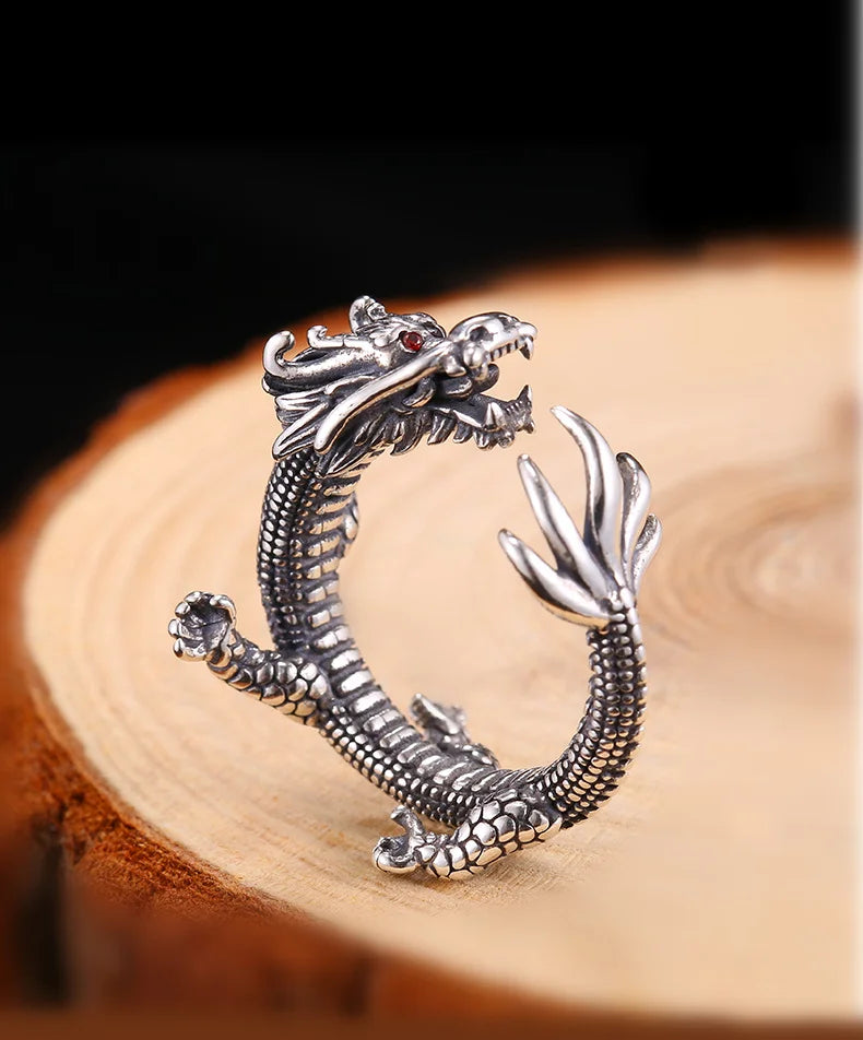 Sterling Silver Retro Dragon Adjustable Ring for Women