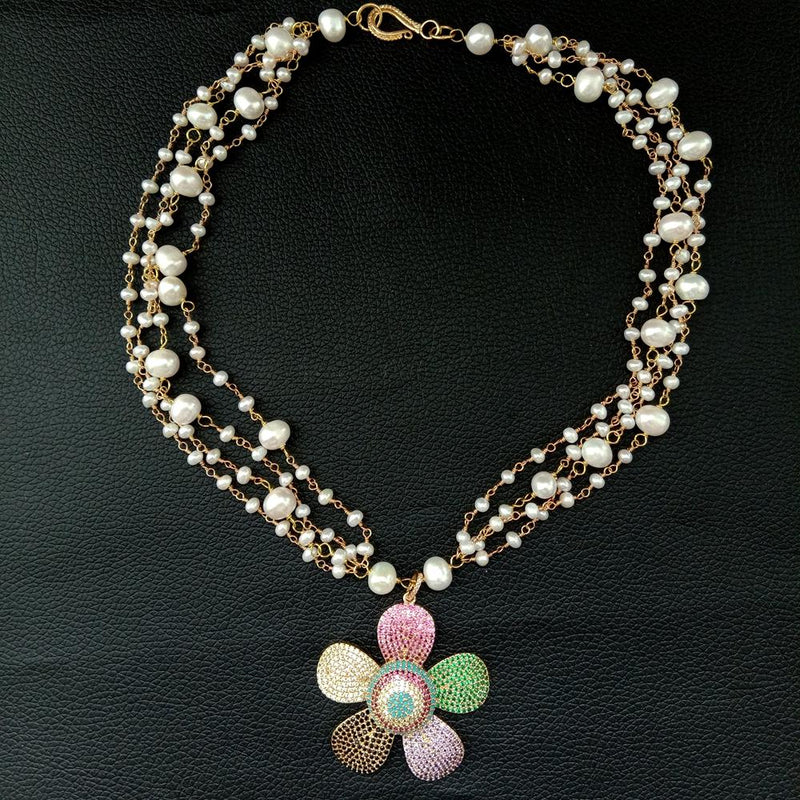 Sterling Silver 4.00 ctw White Freshwater Pearl CZ Pave Flower Pendant for Her