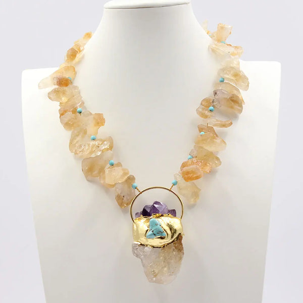 Gold Plated Natural Yellow Citrine Topaz Rough Nugget Necklace with Amethyst Turquoise Pendant for Women