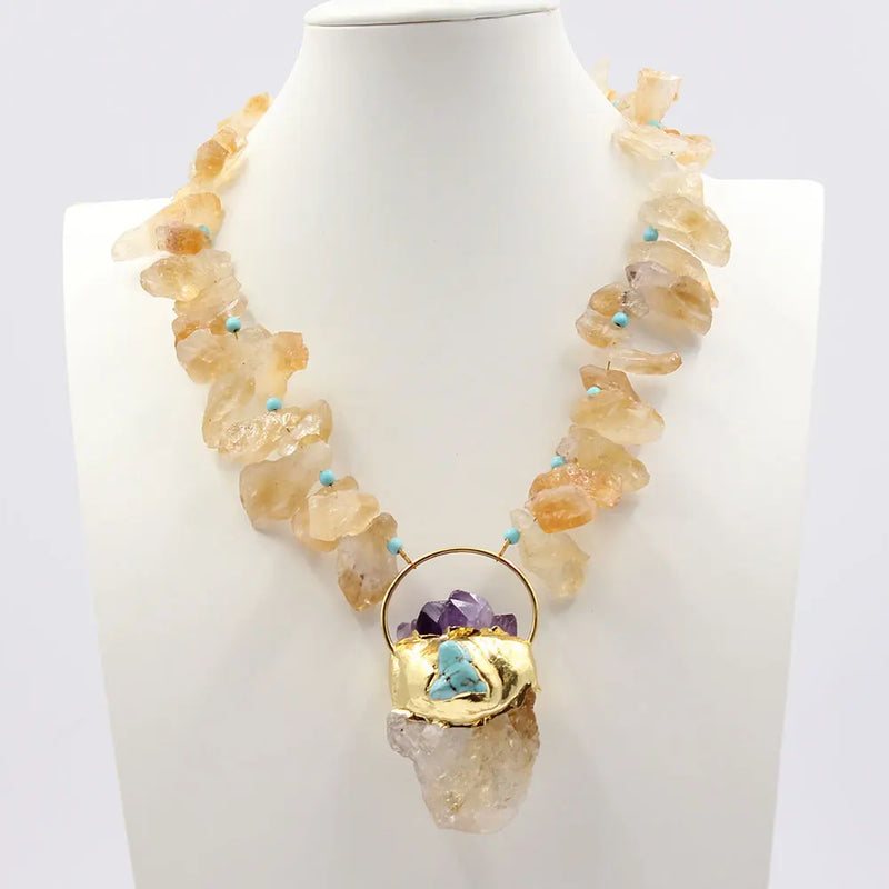 Gold Plated Natural Yellow Citrine Topaz Rough Nugget Necklace with Amethyst Turquoise Pendant for Women