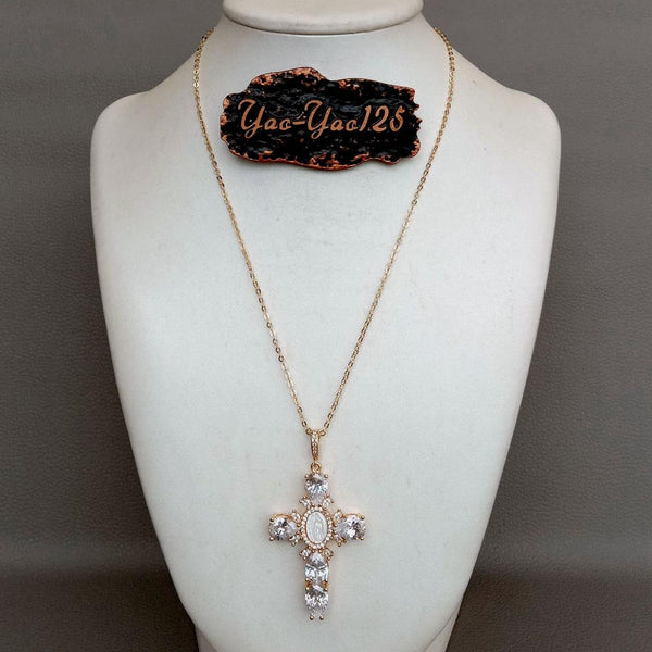 Sterling Silver Shell Pearl Cubic Zirconia Necklace Virgin Mary Cross Pendant for Women