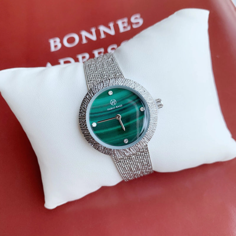 Luxury Green Waterproof Women's Wrist Watch with Steel Mesh Band