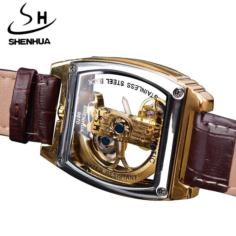 Gold Transparent Automatic Mechanical Watch with Skeleton Tourbillion and Luminous Elements for Men