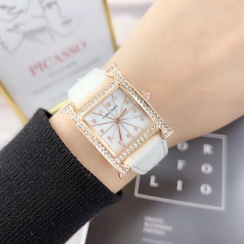 Luxury Diamond Women's Wristwatch with Leather Band and Orange Jewelry Details