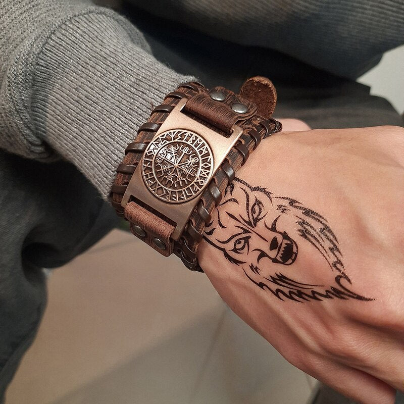 Leather Wolf Viking Compass Charm Bracelet for Men