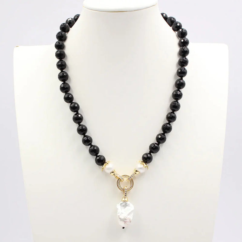 Silver Natural Black Onyx and White Keshi Pearl Necklace for Women