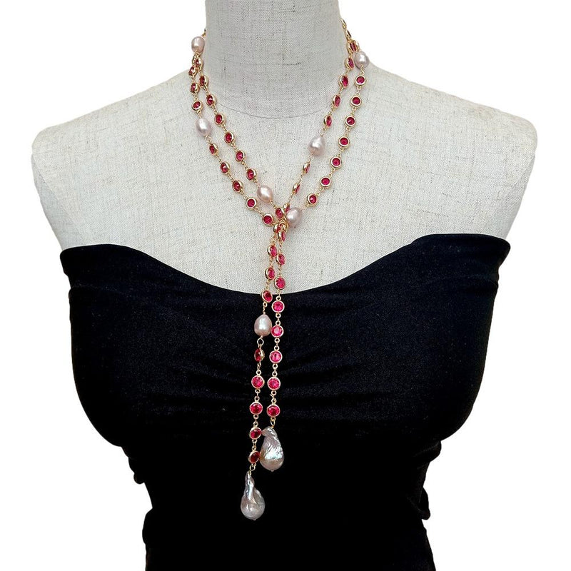 Y.YING Cultured Purple Keshi Pearl Fuchsia Color Cz Pave Long Chain Long Necklace 49\"