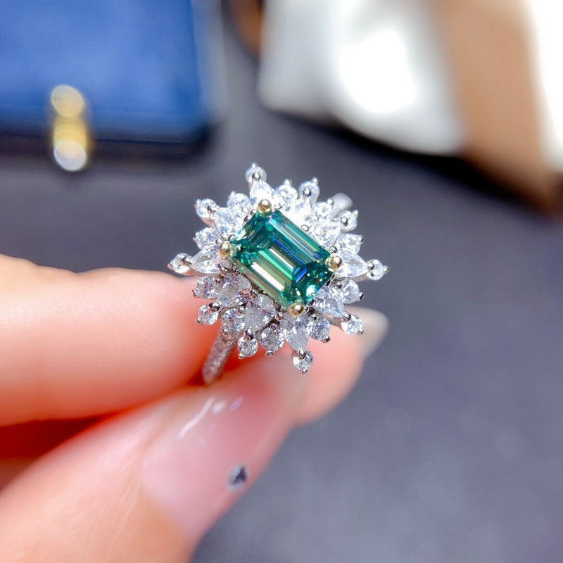 Silver 925 1.00 ctw Diamond and Emerald Ring for Women