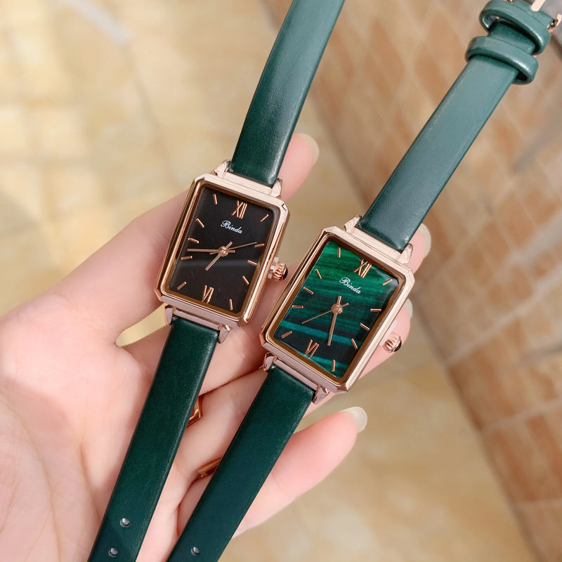 Slim, Green Rectangle Luxury Watch for Women: Quartz Movement, Waterproof, Leather Strap.