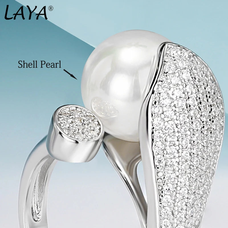 925 Sterling Silver Freshwater Pearl Ring with Clear Cubic Zirconia for Women